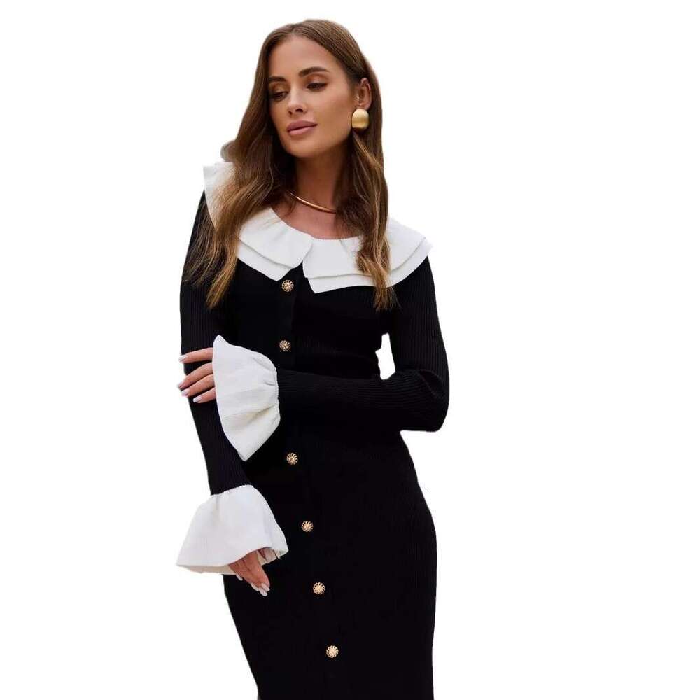 Autumn Winter New Knitted Sweater For Women Fashion Patchwork Color Block Slim Elegant Temperament Dress B5
