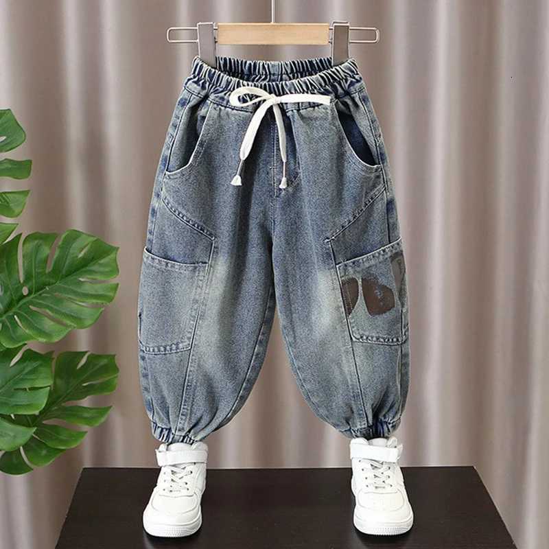 Autumn Kids Boys Jeans Letter Print Elastic Waistline Denim Cargo Pants Solid Color Street Sports Trousers Spring ClothesT251017