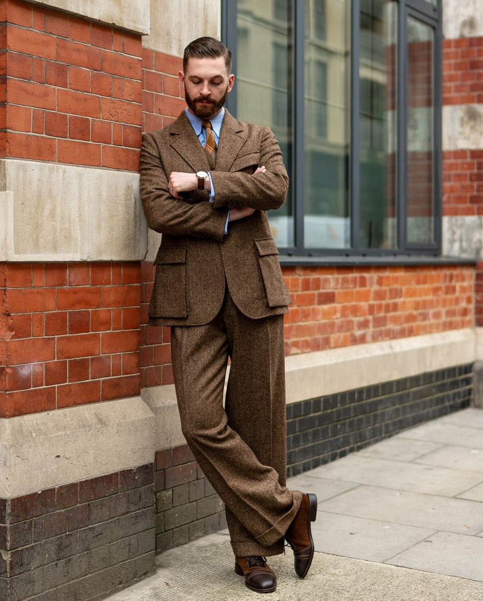 Brown Herringbone Men Tuxedos 2 Pieces Notched Lapel Tweed Mens Party Pants Sets Plus Size Formal Wear Custom Made Coat