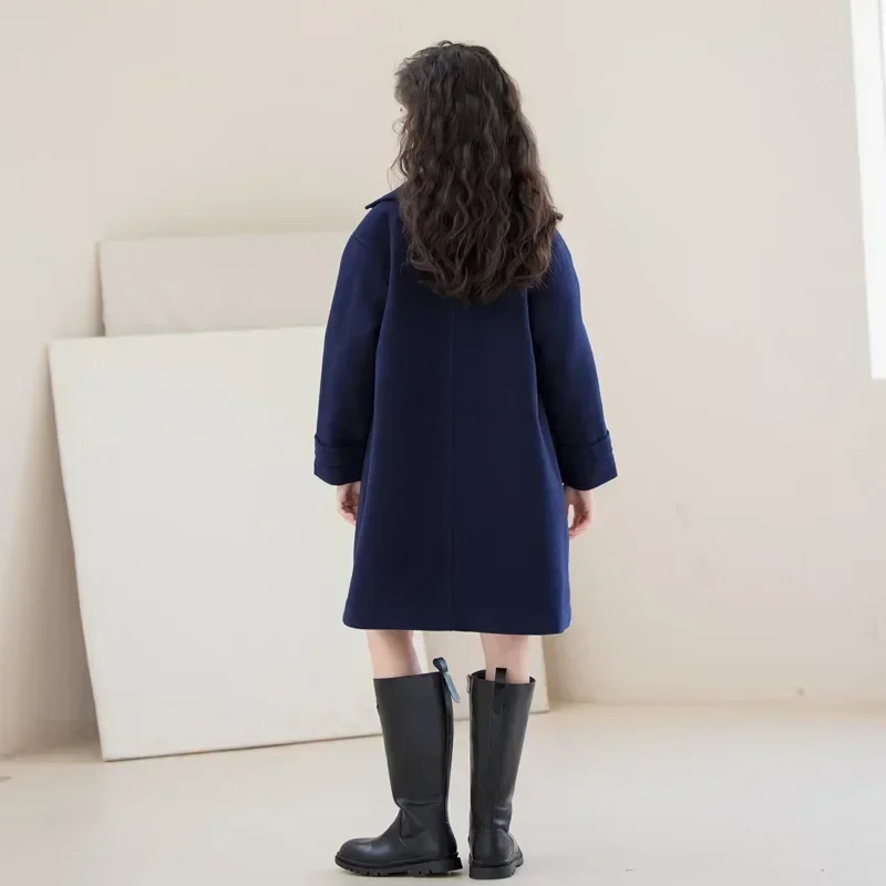 Teens Girls Winter Jacket Preppy Style Navy Midlength Wool Coat for Kids Thick Warm Casual Allmatch School Children Outerwear 251015
