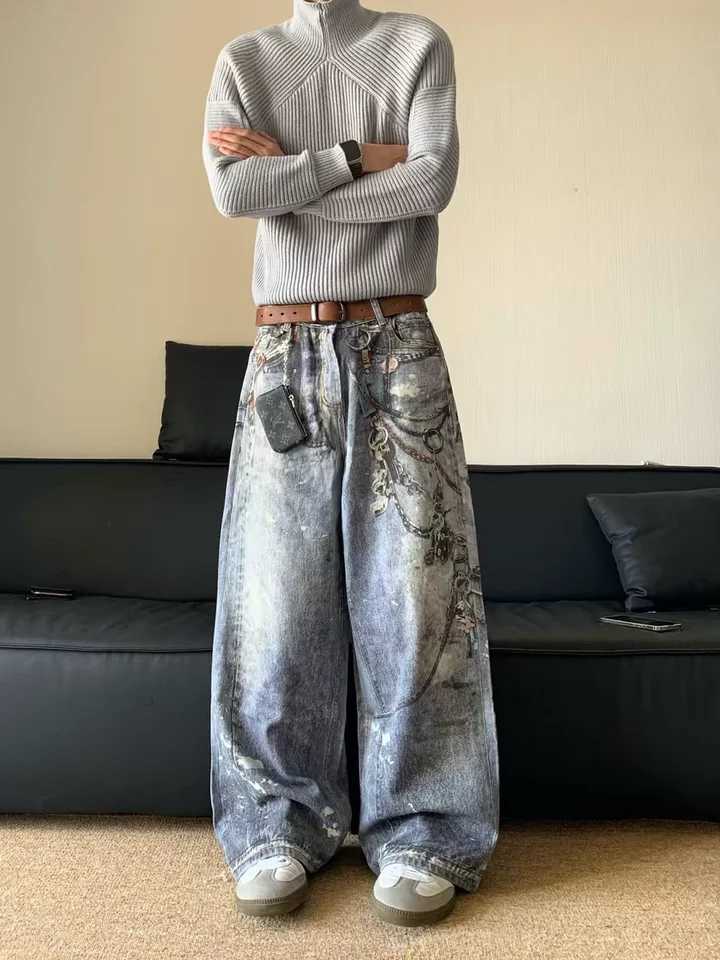 American Retro 3D Printed Chain Straight Leg Jeans Mens Design Sensation INS Long Trousers Trendy mid Waist Jeans J251016