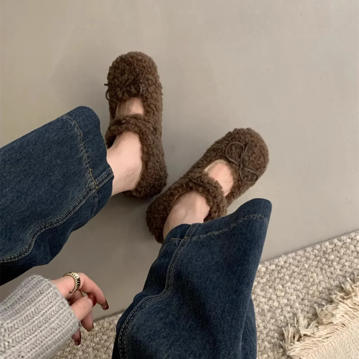 Womens Shearling Ballet Flats with Strap Warm Rabbit Fur Plush Lined Crystal Buckle Mary Jane Flat Shoes 251013