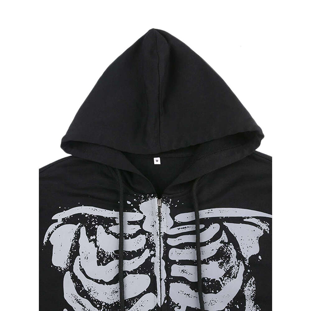 Women Y2k Spring Autumn Casual Hooded Coat Black Long Sleeve Skull Print Zipper Hoodie
