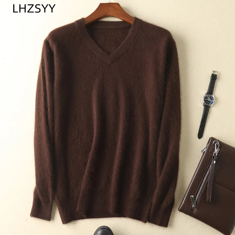 LHZSYY Mens 100 Mink Cashmere Large Size Sweaters Autumn Winter Solid Vneck Casual Knit Pullovers Men Long Sleeve Warm Jumper 251017