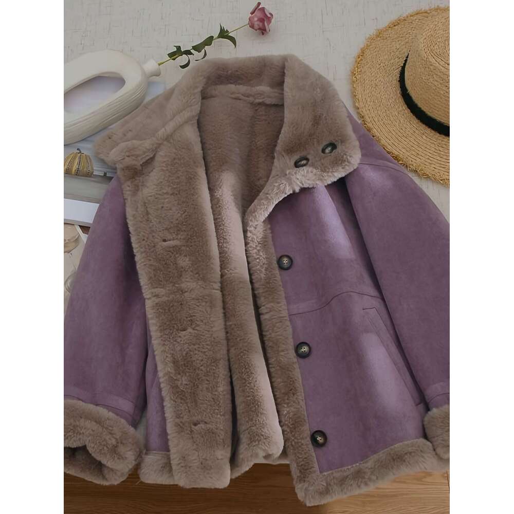 Shein Men's Jackets 2025 Autumn Winter New Korean Style Lazy Purple Coat For Women Thickened Fleece Top