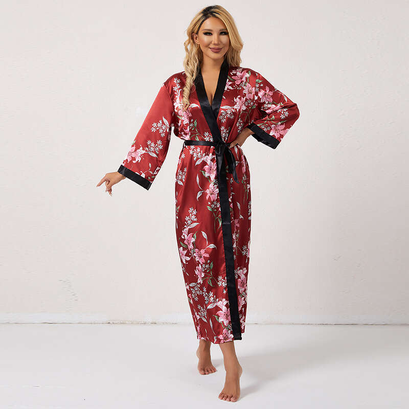 Lightweight Breathable Tie Sleepwear Pink Floral Print Pattern Fashion Robe Casual Comfortable Women's Loungewear