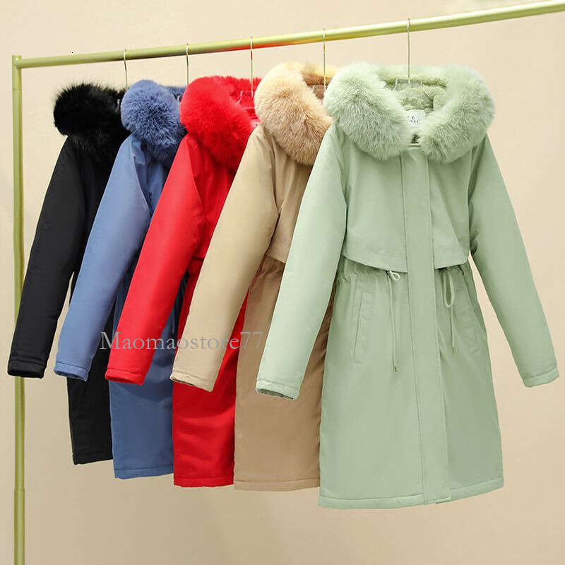 Cotton Women Parkas Women's Winter Jacket With Furry Hood Knee Length Plush Lining Windproof Coat For Cold Weather Plus