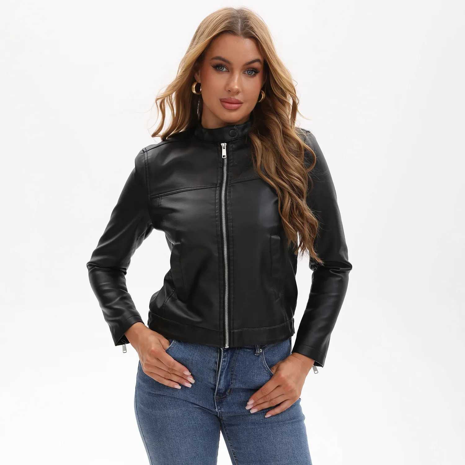 New Autumn Brown Womens Long Sleeves Leather Jacket Black Standup Collar PU Coats Offwhite Coffee Dark Blue OptionalT251017