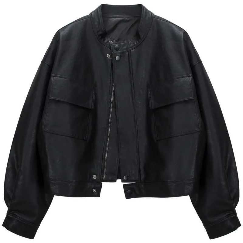 Women Short Leather Jacket New Autumn Winter Style Loose PU Coat Versatile Stylish Casual Round Neck Long Sleeve Solid ColorT251017