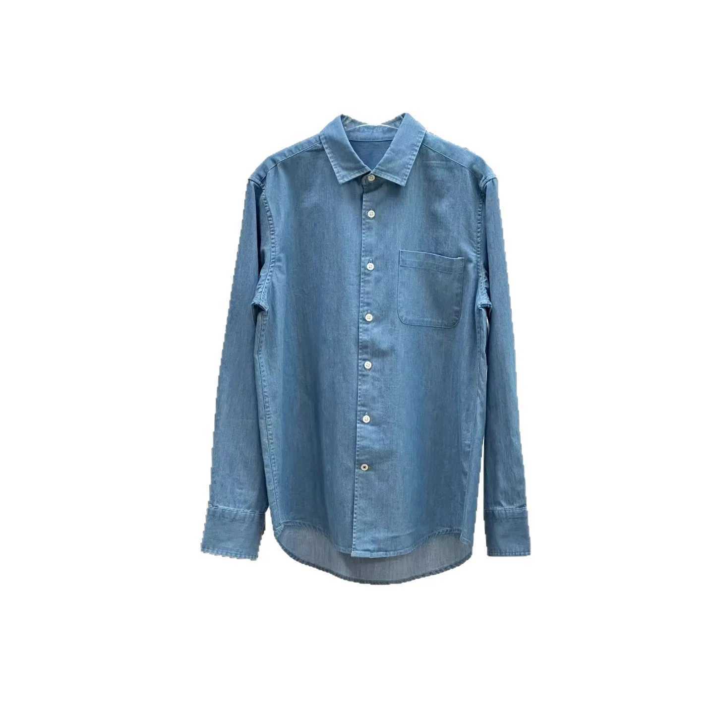 Mens Casual Washed Denim Shirt Loose Fit Long Sleeve Classic Collar Pocket Detail Business Casual Style Cotton Shirt J251017