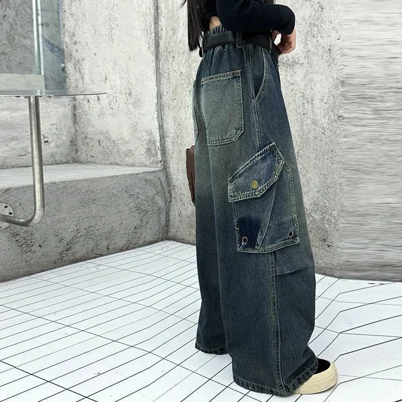 Kids Designer Vintage Gray Jeans For Girl Streetwear y2k Baggy Denim Cargo Pants With Pocket Young Lady Child Jeans TrousersT251017