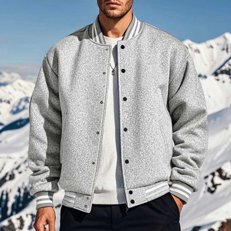 Mens baseball jacket autumn and winter fleece American solid color loose casual standup collar singlebreasted flight jacket J251017