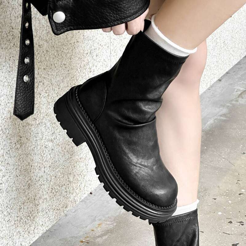 Cameido Women's Versatile Plain Face Thick Sole Elastic Wrinkled Pile - Up Slim Boots Autumn And Winter For Short Women