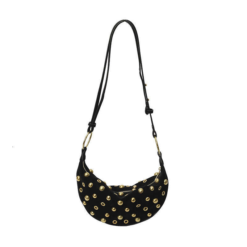 Fashion Womens Casual Bag Studded Heavy-duty Polka Dot Hollow Shoulder Bag Punk Style Crossbody Bag Metallic Crescent Women's Bag
