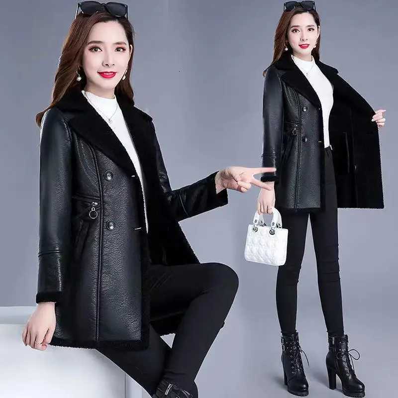 XL6XL Women Leather Jacket Autumn Winter MidLong Faux Leather Motorcycle Windbreaker Coat Mother Winter Thick Velvet OvercoatT251017