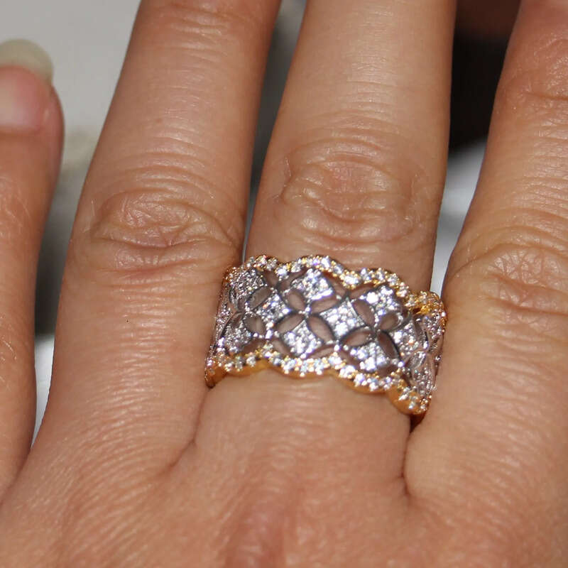 Size 5-11 Cool Cute Sparkling Jewelry Sterling Sier&Gold Filled Prismatic 5A CZ Diamoind Women Wedding Band Ring for Lovers'