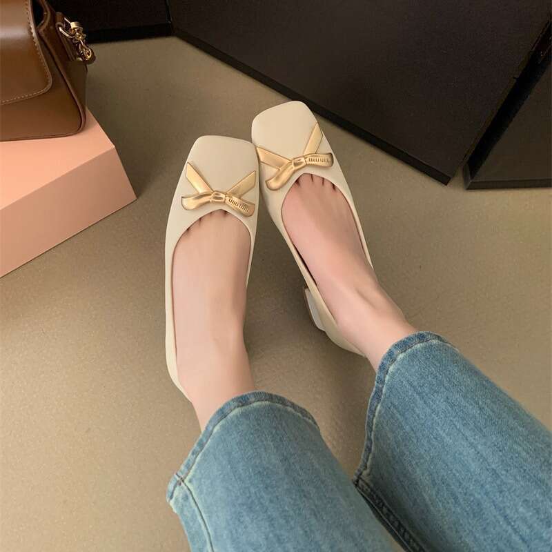 2025 Spring Autumn Women's Designer Shoe - Black French Style Bow Metal Square Toe Shallow Mouth Chunky Heel Work Shoes