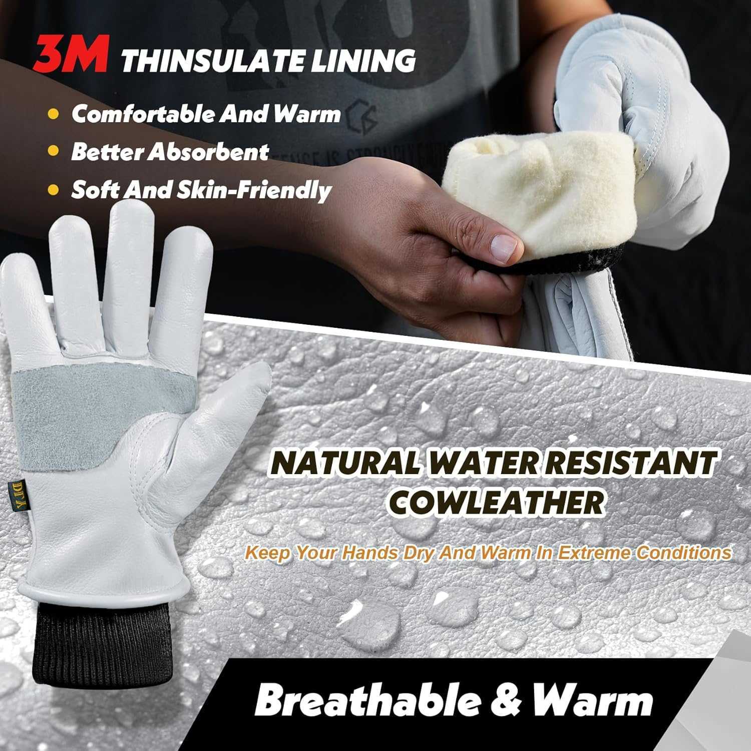 Winter Gloves Women WaterResistant Insulated Puncture and Abrasion Resistant Cowhide Leather with Warm Thinsulate Lining for Cold Weather Small White 