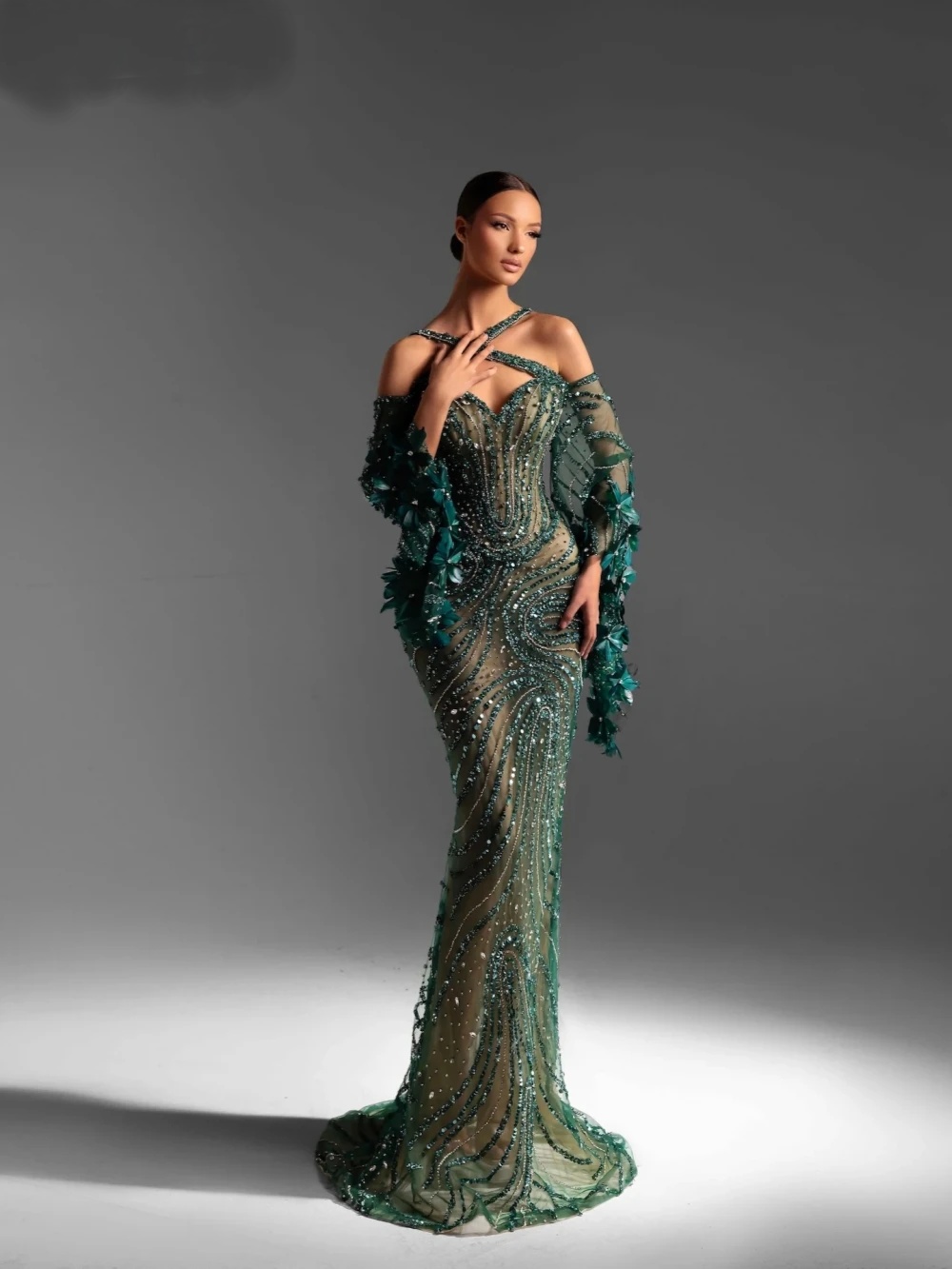 Modern Sequins Evening Dresses Beading Rhinestone Prom Dress 3D Flowers Illusion Mermaid Party Gowns Vestidos De Noche