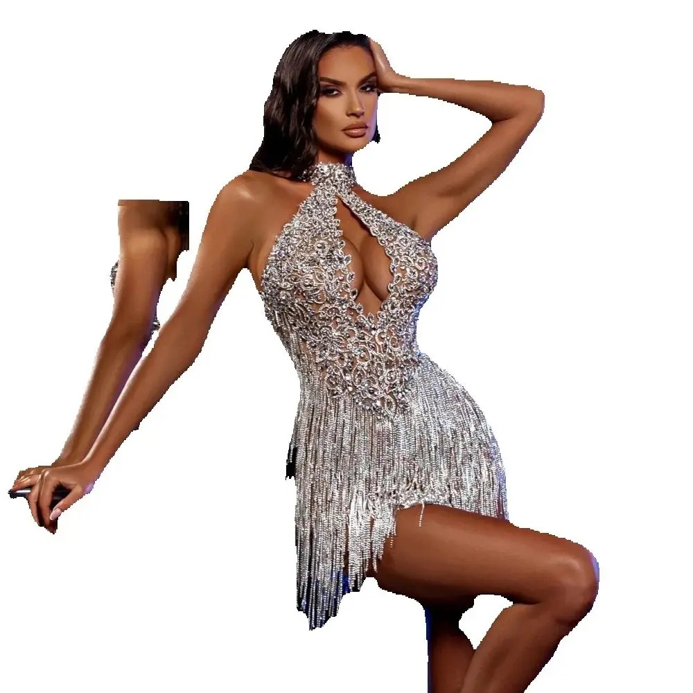 Sexy High Neck Prom Dresses Sparkly Sleeveless Beaded Evening Dress Customized Tassel Above Knee Mini Cocktail Gown