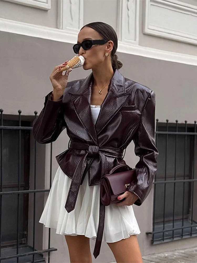 Womens Street PU Leather Jacket With Belt Slim Lace Up Lapel Long Sleeve Short Coat 2025 Autumn Vintage New Lady OuterwearT251017