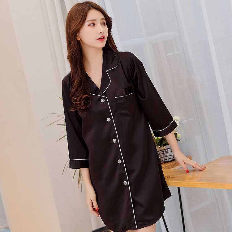 Thin Spring and Autumn Silk Shirt Nightdress Korean Style Cardigan Home Long Sleeve Women's Sexy Nightgown