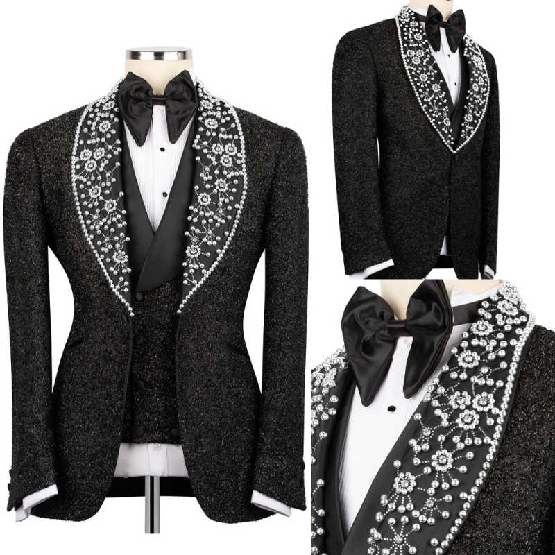 Luxury Customized Wedding Groom Tuxedo Shawl Lapel Pearls Formal Occasion Prom Party Men Suits Trajes Para Hombre