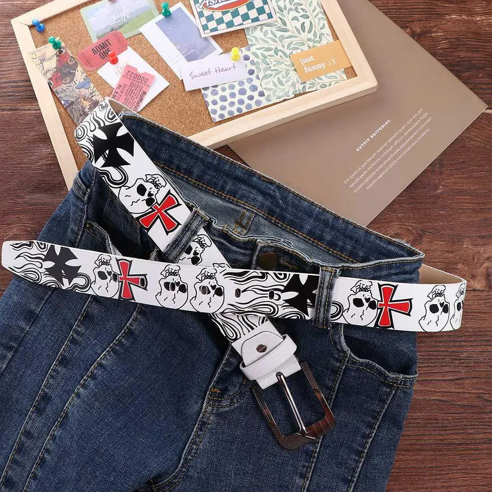 Pin Buckle Skull Skeleton Pattern For Men For Women Female Waistband Korean Waist Strap PU leather Belt Casual Belt Accessories 251010