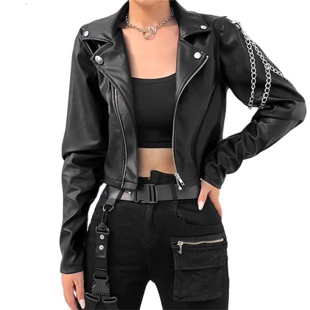 Vangull Faux Leather Cropped Jackets Women Punk Black Coat Woman Gothic Long Sleeve Overcoat With Chains Outwears TopsT251017