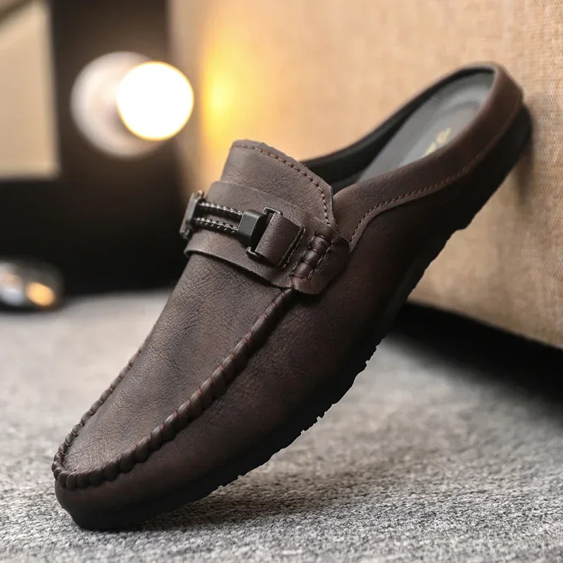 Leather Men Half Slippers Summer Breathable Mens Casual Shoes Slipon Lazy Driving Shoes Comfortable Walking Loafers Moccasins 251013