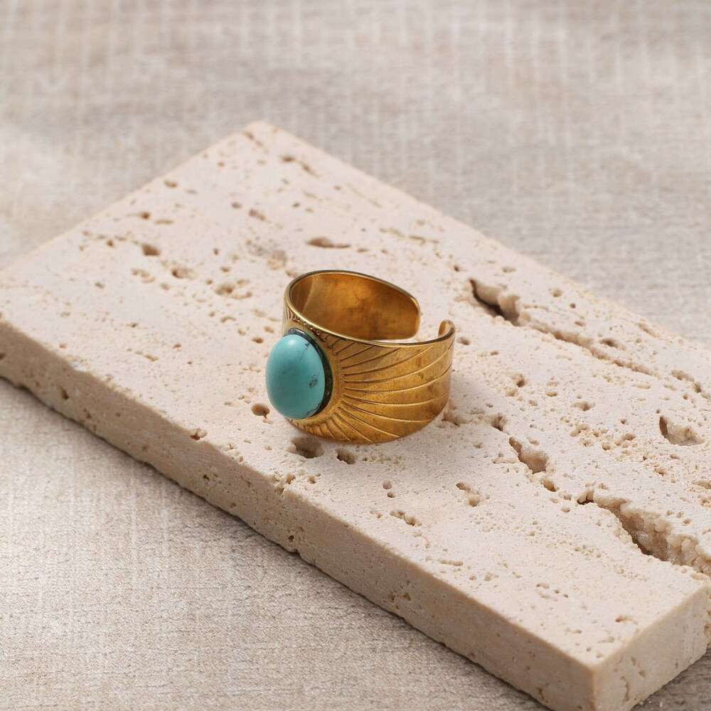 Stainless Steel Oval Blue Turquoise Gold Plated Ring Jewelry Vintage Style Rings for Women ddmypluto