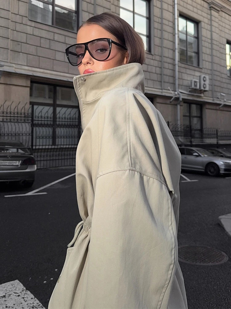 Tossy Stand Collar LaceUp Trench Jacket Fashion Female Autumn 2025 Commute Long Sleeves Casual Womens High Waist Trench Coat 251013