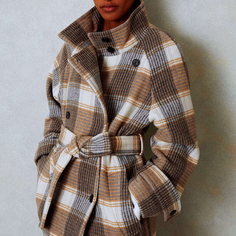 Color-Block Plaid Coat Autumn Winter New Women's Waist-Tied Overcoat B5