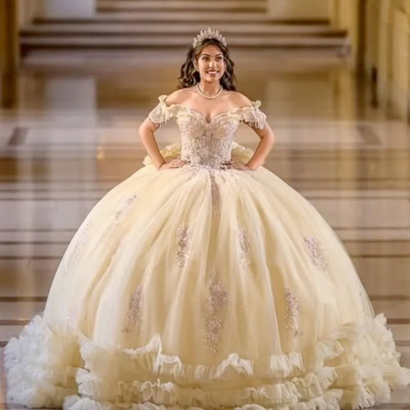 Champagne Shiny Ball Gown Quinceanera Dresses Off The Shoulder Applique Lace Tiered Tull Beading Bow Corset Party Birthday Sweet 16 Dress Vestidos 15 