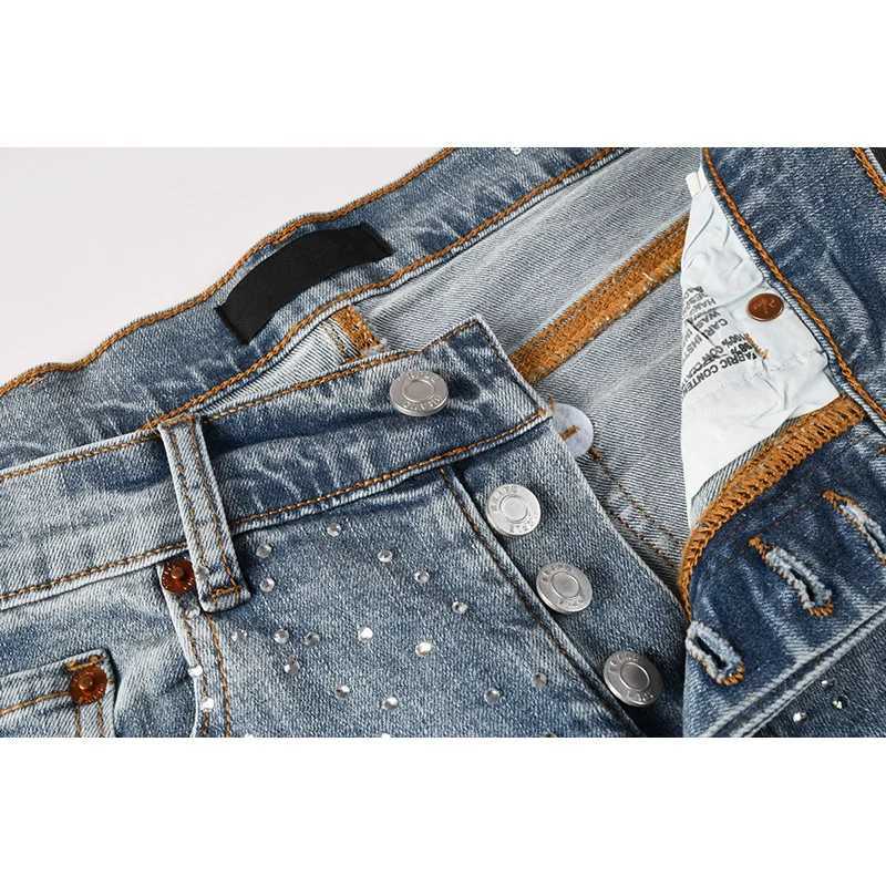 Washed Distressed Light Indigo Rhinestones Cross Patterns Stretch Skinny Button Fly Raw Hem Jeans Y251105