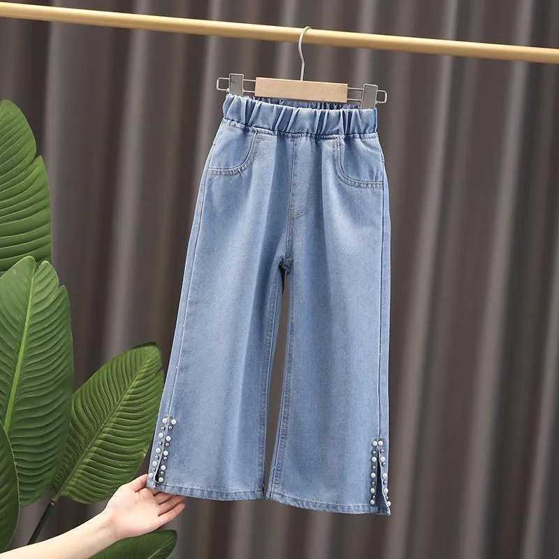 New Fashion Pearl Children Wide Leg Pants Summer Casual Kids Cropped Trousers For Teenager Girls Jeans 4 6 8 10 12 13 YearsT251017