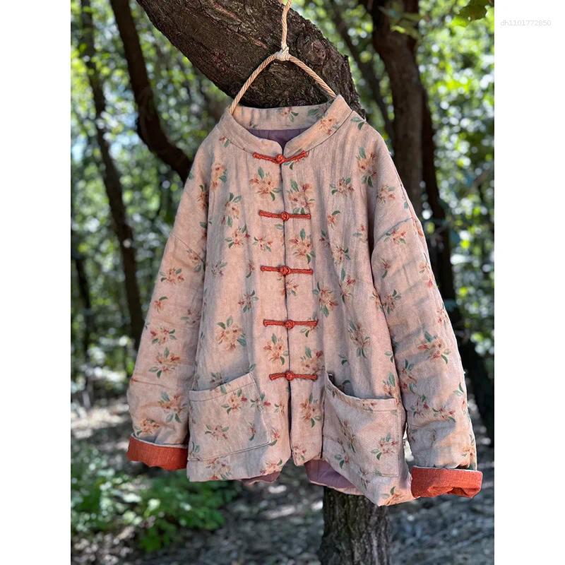 Women's Jackets Thick Warm Cotton Linen Casual Coats Women 2025 Autumn Chinese Style Vintage Floral Print Loose Female Padded M176
