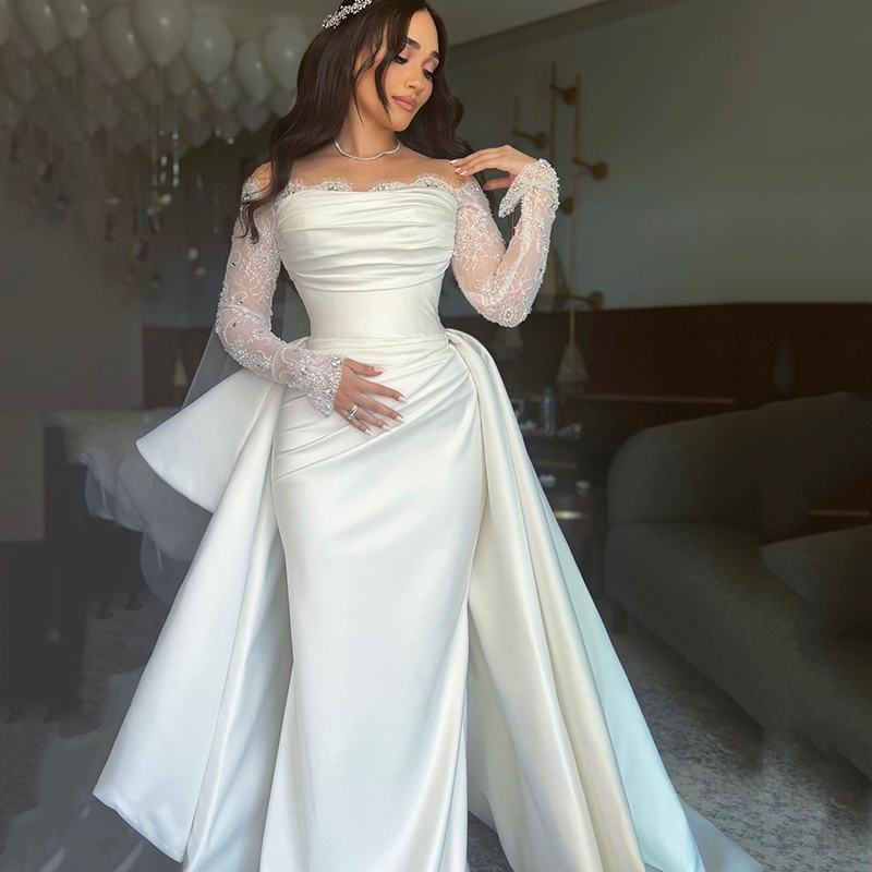 Eightree White Mermaid Wedding Dresses Formal Off The Shoulder Long Sleeve Boho Beach Bridal Gowns Customized