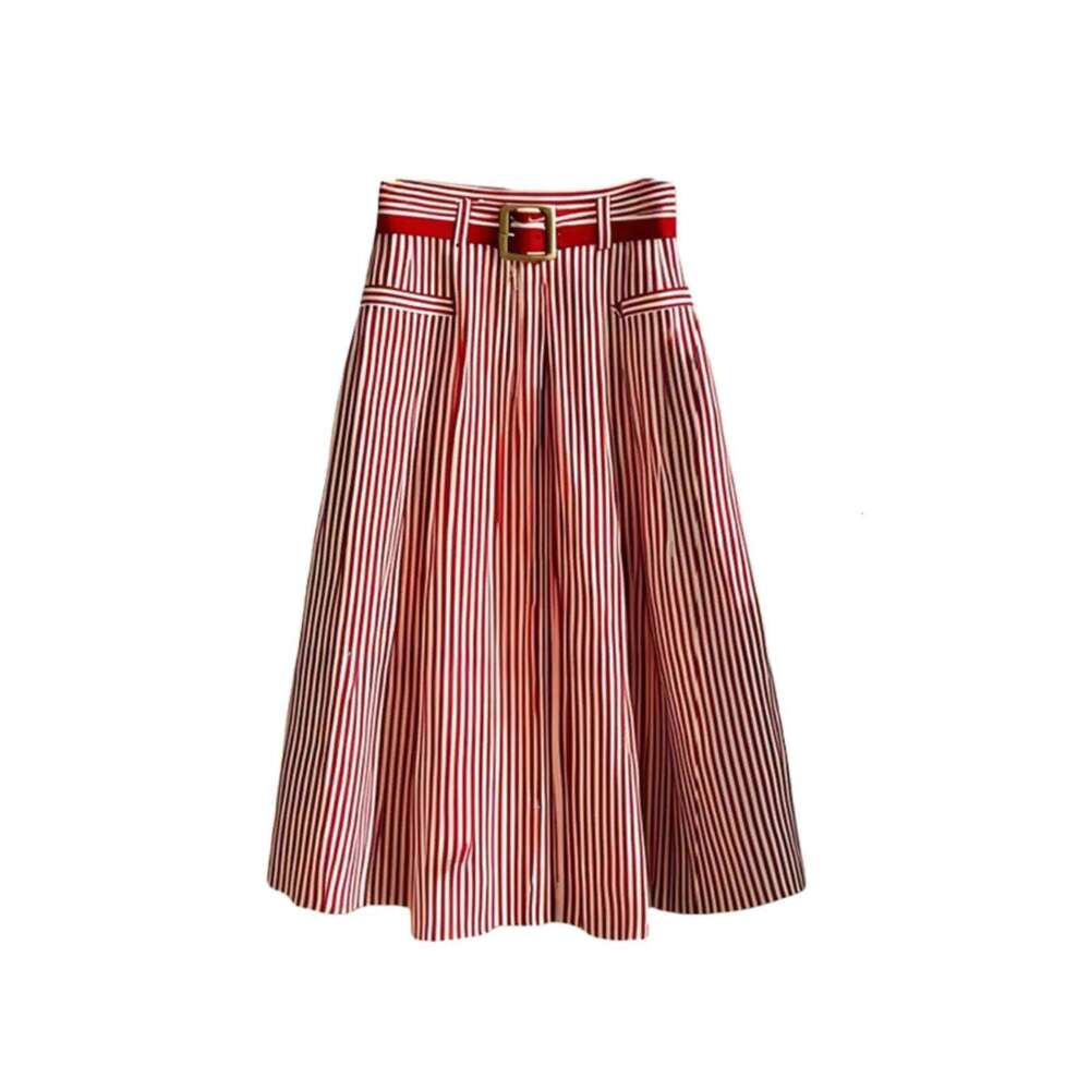 French Elegance Red Striped Design Chic High-waist Big Swing Mid-length Skirt Women Spring Autumn Basics A-line Skirts