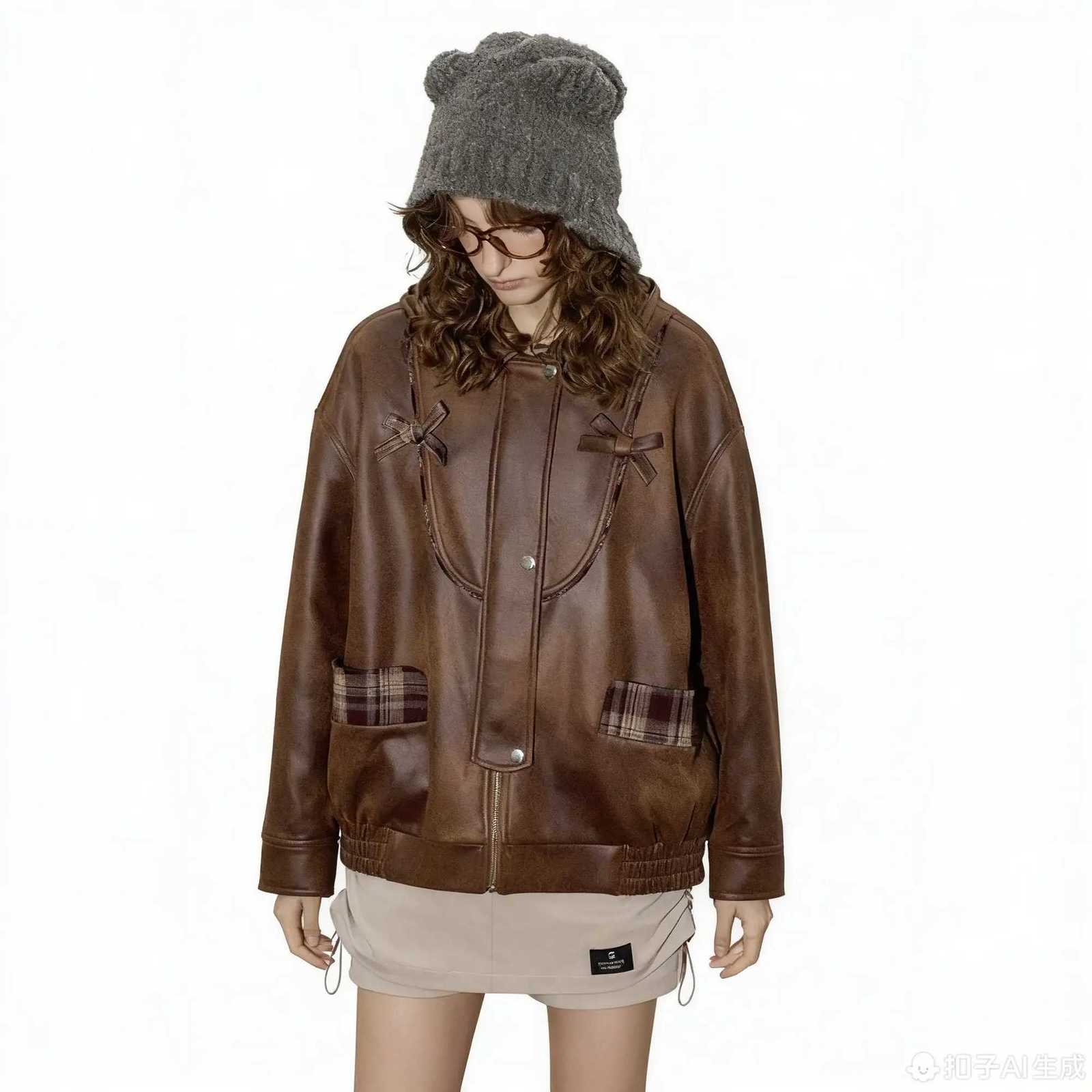 New Arrivals Womens Short Leather Jacket Vintage Y2K Style Loose Fit Plaid Patchwork Design Retro Oversized Autumn OuterwearT251017