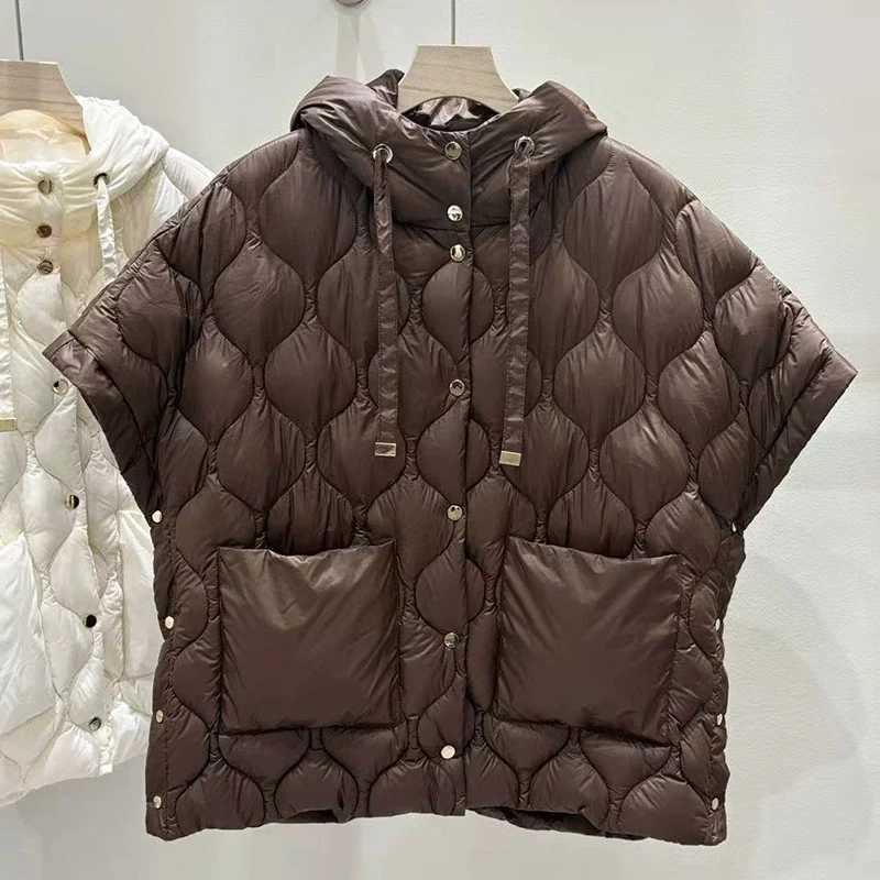 Schinteon Womens 90 White Duck down Vest Irregular Sleeveless Jacket with Hood Solid Color Fashionable Autumn Winter Top 2025 W251016