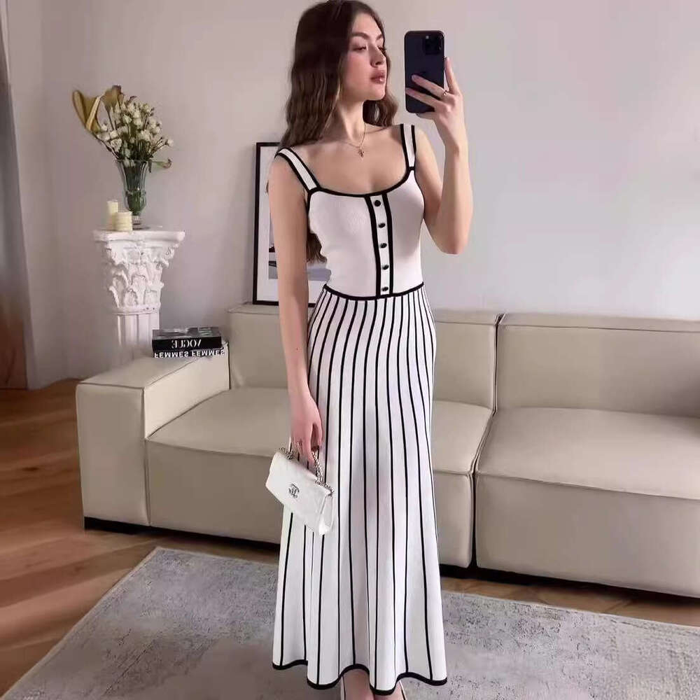 Strappy Striped Patchwork Knitted New Fashion Color-Block Backless French Mid-Length Dress B5