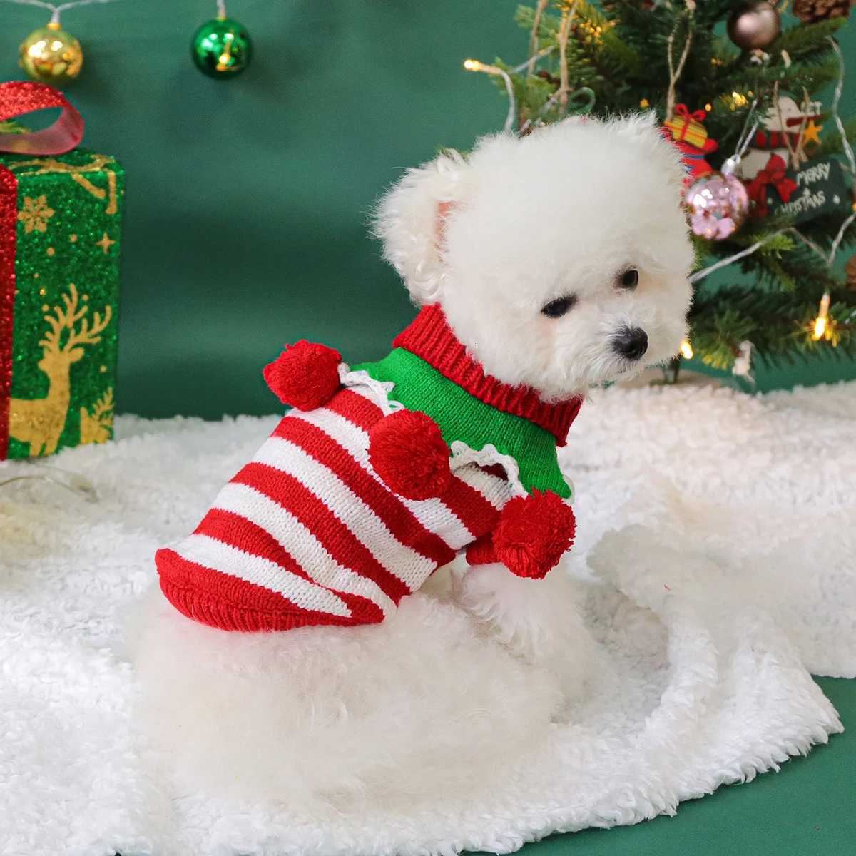 Colorful Christmas Sweater with Red and White Stripes Pet Dog Clothing Small Dog Warm and Comfortable in Autumn and WinterW251017