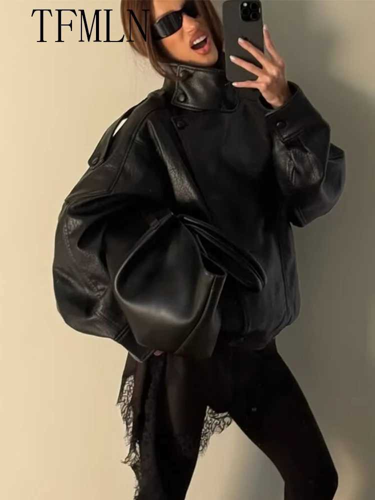 TFMLN 2025 Winter Women Faux Leather Loose Jacket High Street Stand Collar Long Sleeve Coat Fashion Zipper Thicken OutwearT251017