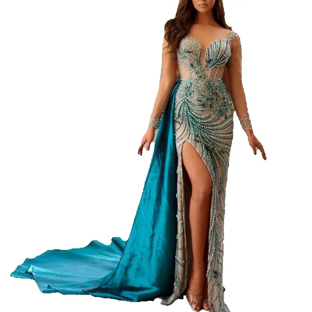 Vintage Pearls Beaded Prom Dresses Sexy Long Sleeve Sequined Evening Dress Side Train High Slit Party Gown Customized