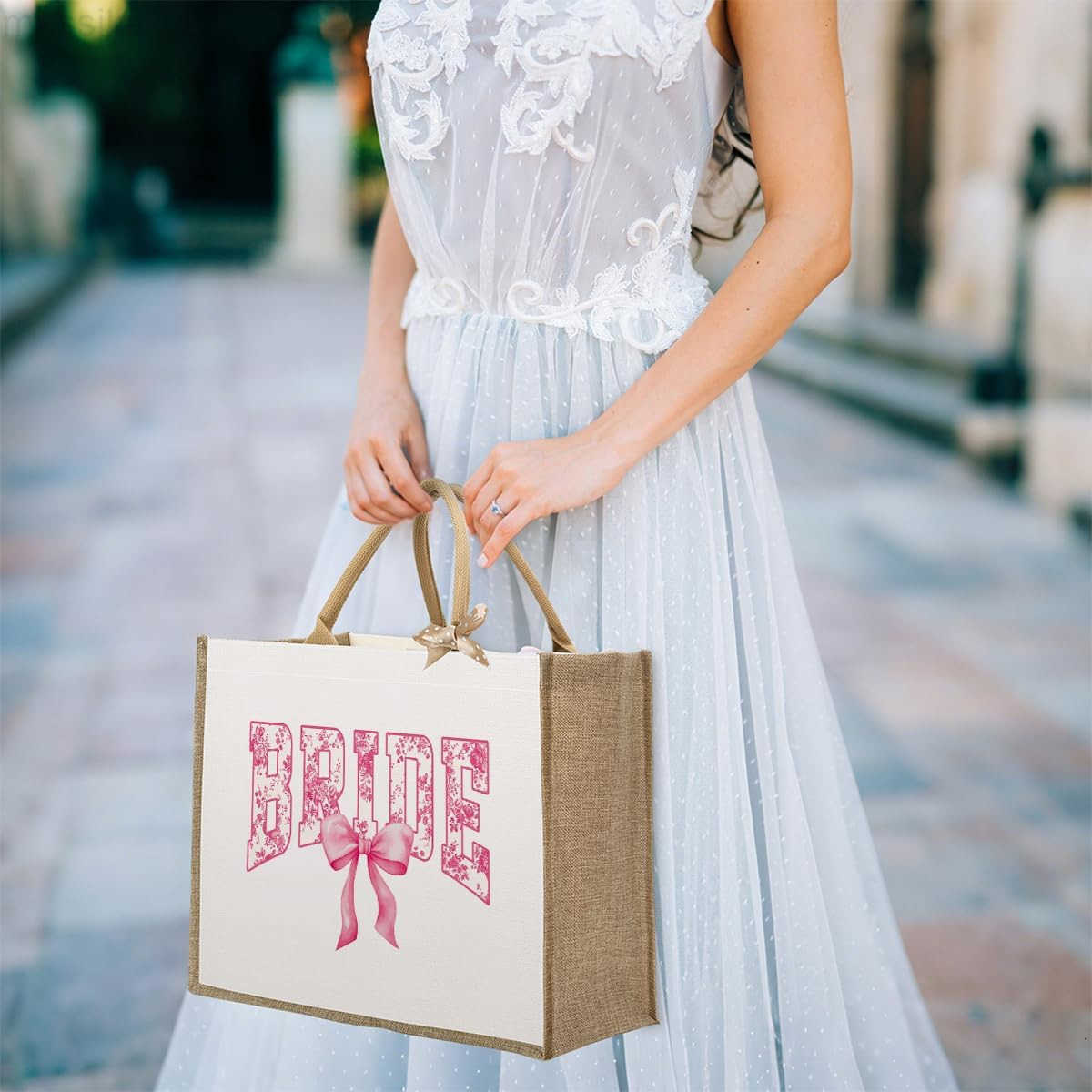 Bride Wedding Tote Bag Coquette Bow Tote Bag with Floral for Wedding Bachelorette Party Honeymoon Travel M251017