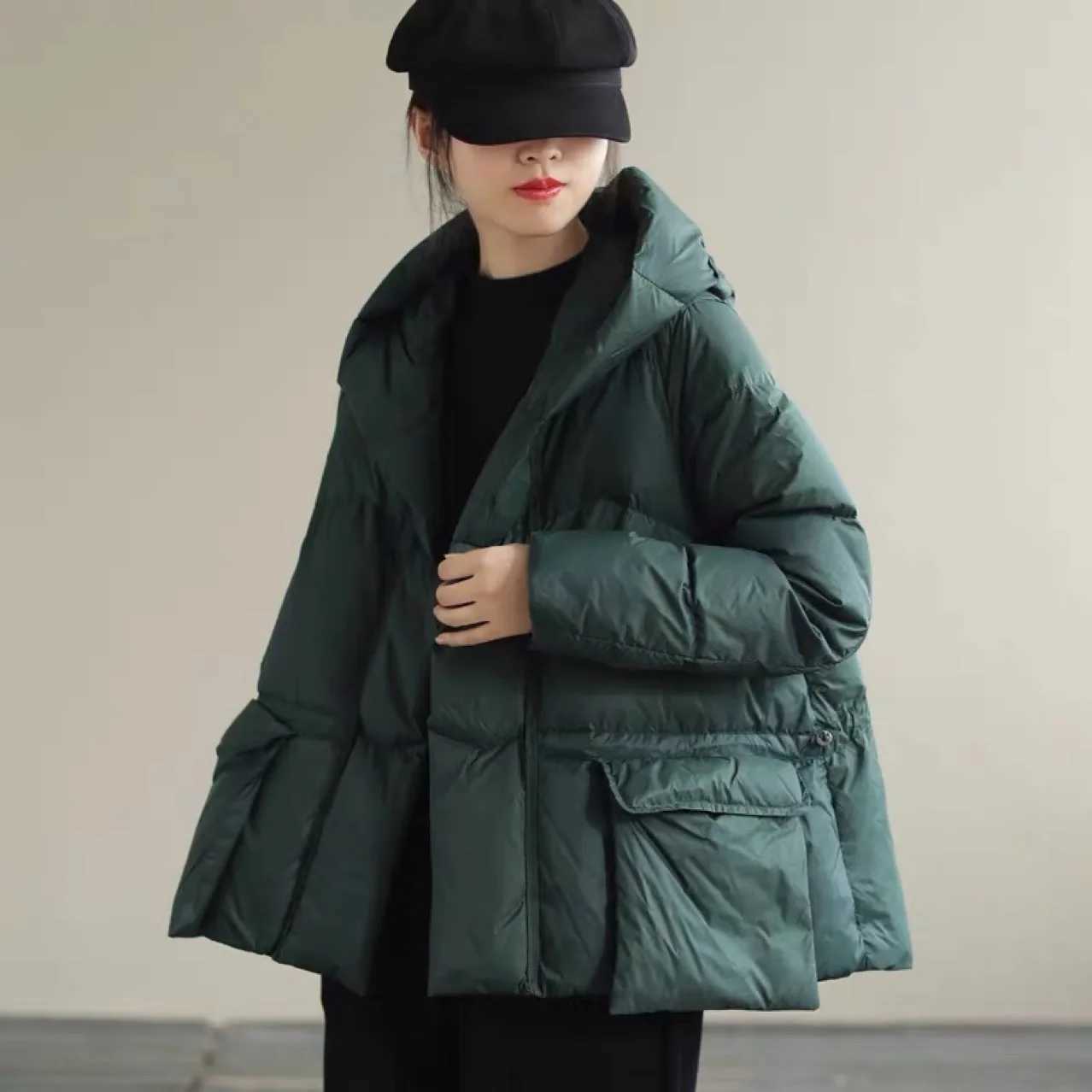 Winter new womens hooded solid color jacket casual loose pocket drawstring short duck down jacket women coats4 Colors W251016