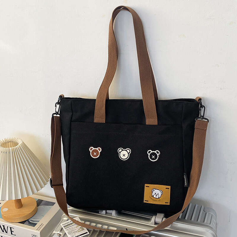 2025 New Printed Canvas Shoulder Large Capacity Casual Tote Bear Crossbody for Women Student Tutoring Bag