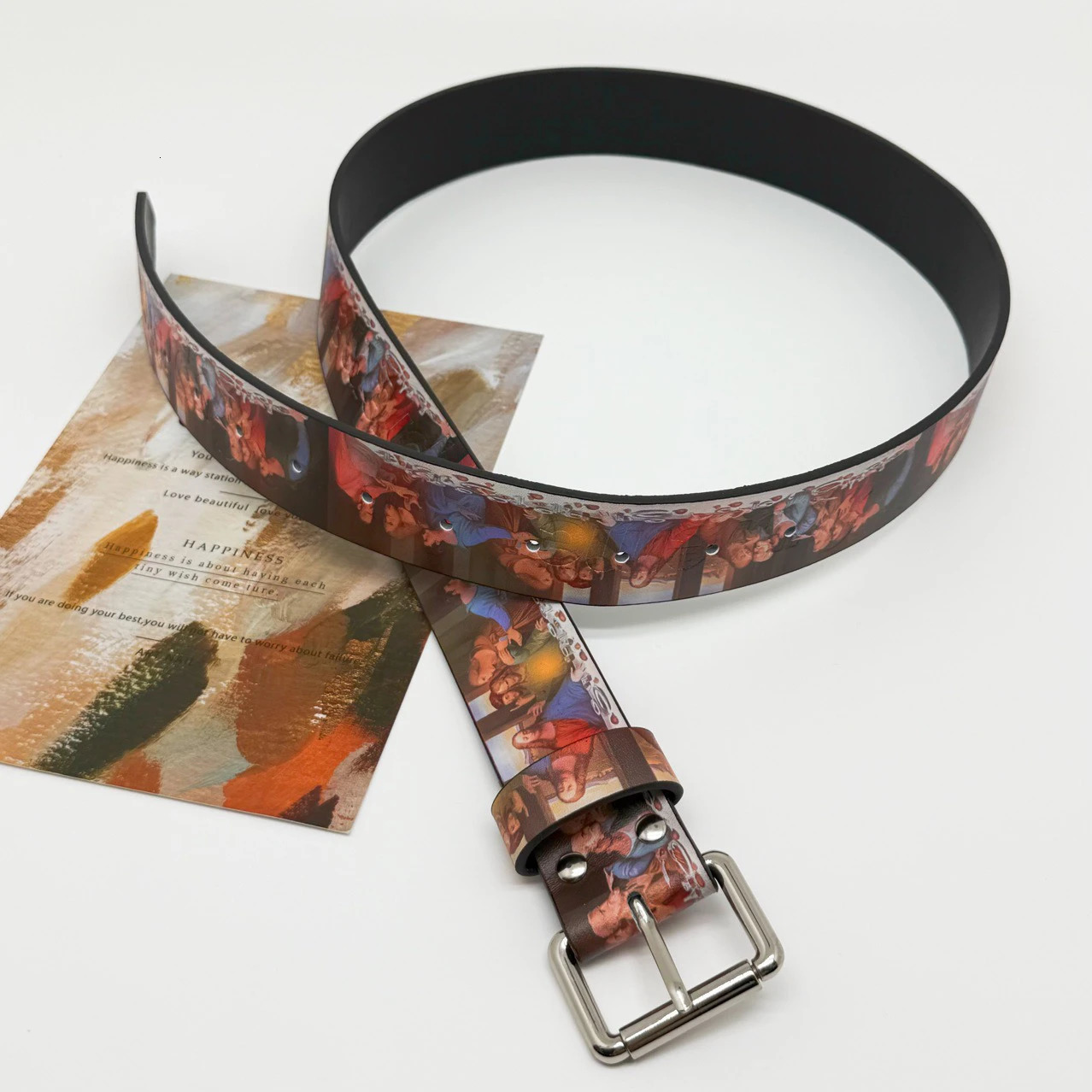 Faionable Retro Sle Last Supper Time Printed Belt High Street Leather Belt for Men And Women Youth Suitable PU Leather Belt 251010