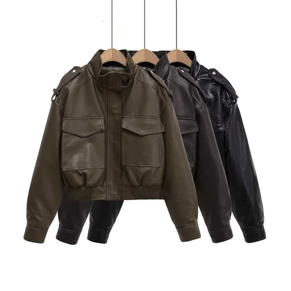 UNIZERA2025 autumn new womens retro large pocket workwear zipper stand collar imitation leather loose longsleeved short jacketT251017